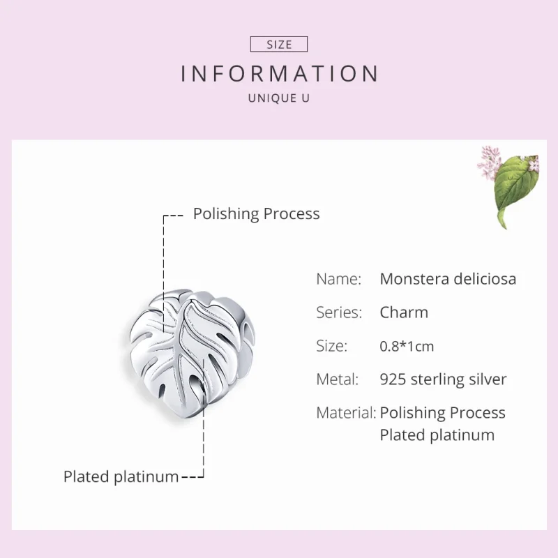 (Bild für) Silberner Monstera-Charm im Pandora-Stil - BSC141 - Ansicht 7