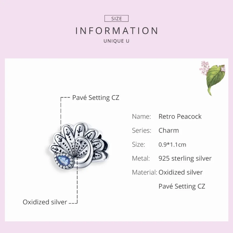 (Bild für) Silberner Retro-Pfau-Charm im Pandora-Stil - SCC1558 - Ansicht 7