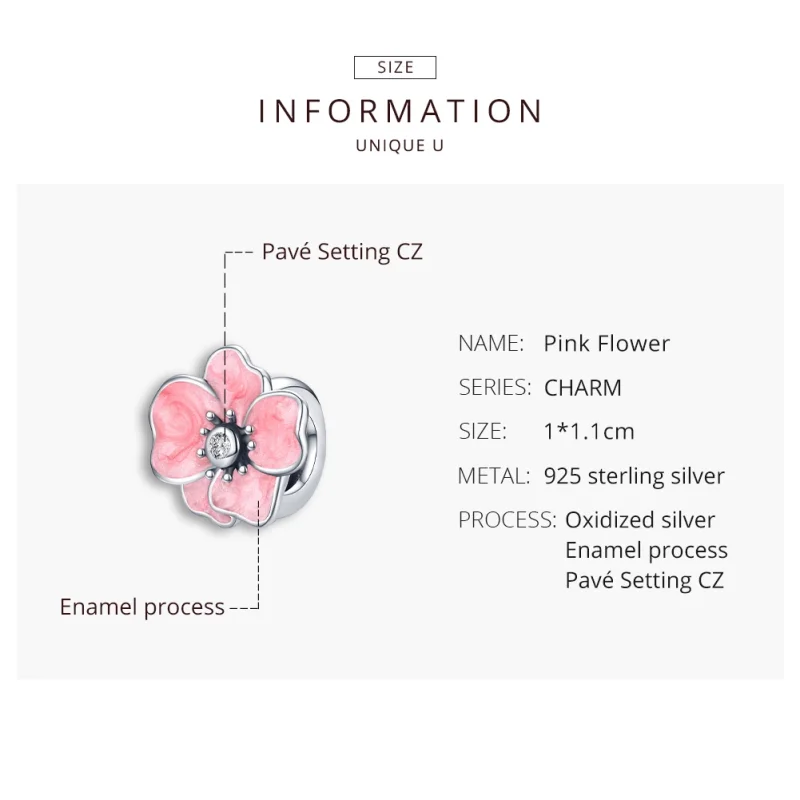 (Bild für) Silberner rosafarbener Blumen-Charm im Pandora-Stil - SCC1729 - Ansicht 8