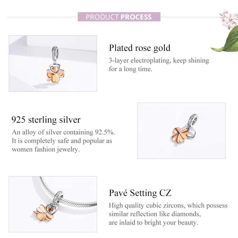 (Bild für) Vierblättriges Kleeblatt-Ohrhänger im Pandora-Stil aus Silber und Roségold - SCC - Ansicht 3