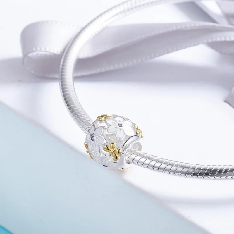 (Bild für) Zweifarbiger zweifarbiger Blumen- und Schmetterlings-Charm im Pandora-Stil - SCC - Ansicht 4