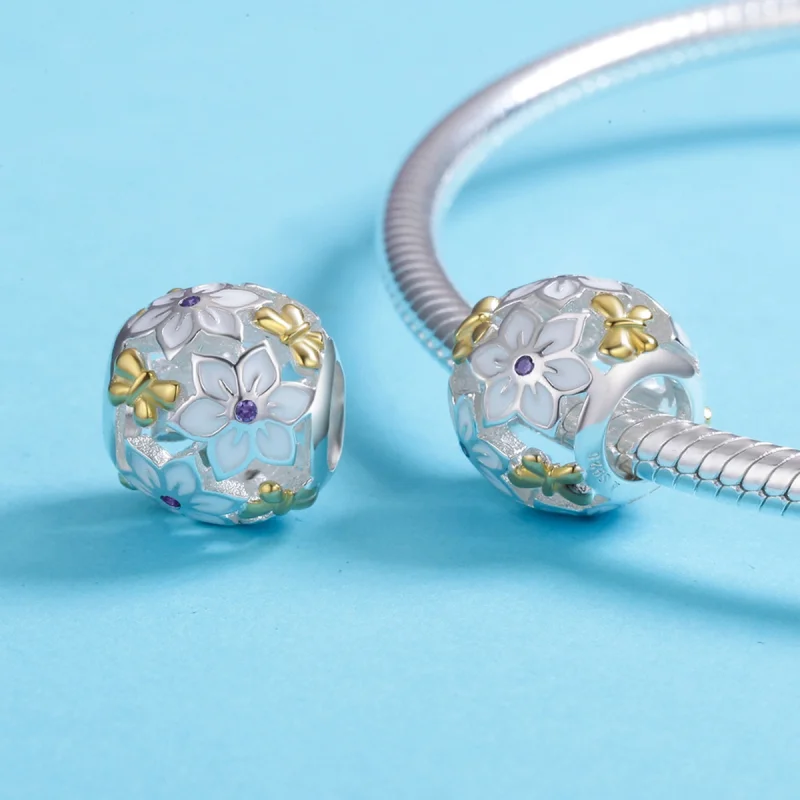 (Bild für) Zweifarbiger zweifarbiger Blumen- und Schmetterlings-Charm im Pandora-Stil - SCC - Ansicht 5