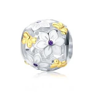 (Bild für) Zweifarbiger zweifarbiger Blumen- und Schmetterlings-Charm im Pandora-Stil - SCC546