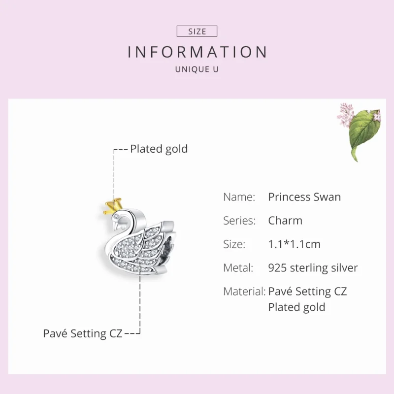 (Bild für) Zweifarbiger zweifarbiger Prinzessin-Schwan-Charm im Pandora-Stil - SCC1343 - Ansicht 7
