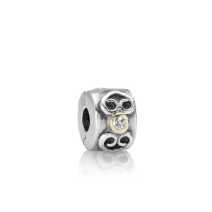 (Bild für) PANDORA Silber, 14 Karat Gold und Diamant-Doppelherz-Clip-Charm - 790382D