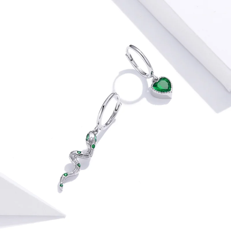 (Bild für) Ohrhänger im Pandora-Stil aus Silber „The Love of The Snake & Green Heart“. - SC - Ansicht 3