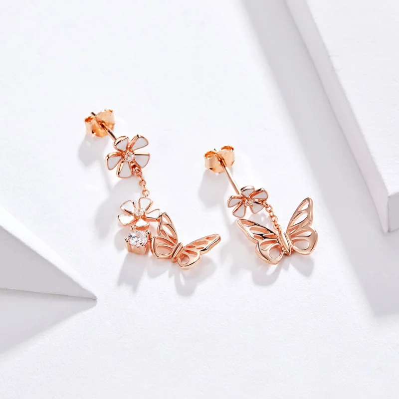 (Bild für) Ohrhänger mit tanzendem Schmetterling im Pandora-Stil aus Roségold - BSE100 - Ansicht 2