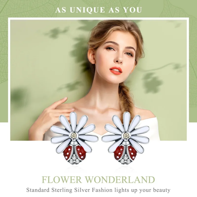 (Bild für) Silberne Blumen- und Marienkäfer-Ohrstecker im Pandora-Stil - SCE459 - Ansicht 2