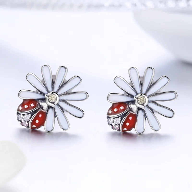 (Bild für) Silberne Blumen- und Marienkäfer-Ohrstecker im Pandora-Stil - SCE459 - Ansicht 4