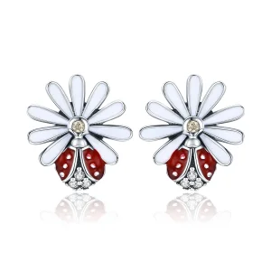 (Bild für) Silberne Blumen- und Marienkäfer-Ohrstecker im Pandora-Stil - SCE459