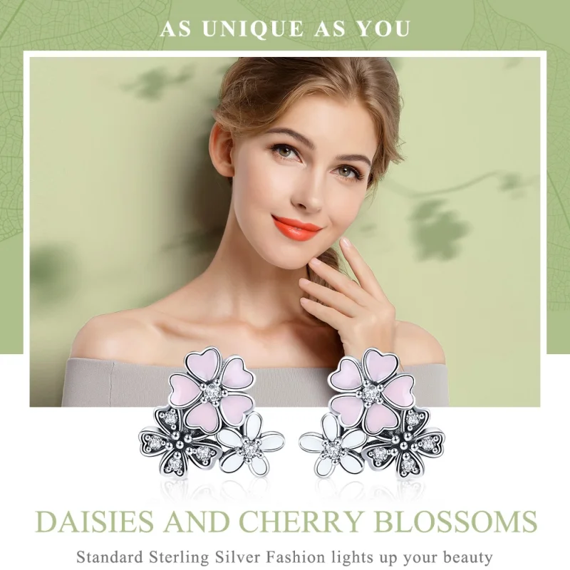 (Bild für) Silberne Gänseblümchen- und Kirschblüten-Ohrstecker im Pandora-Stil - SCE400 - Ansicht 2