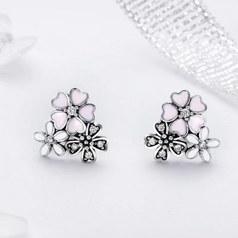(Bild für) Silberne Gänseblümchen- und Kirschblüten-Ohrstecker im Pandora-Stil - SCE400 - Ansicht 4