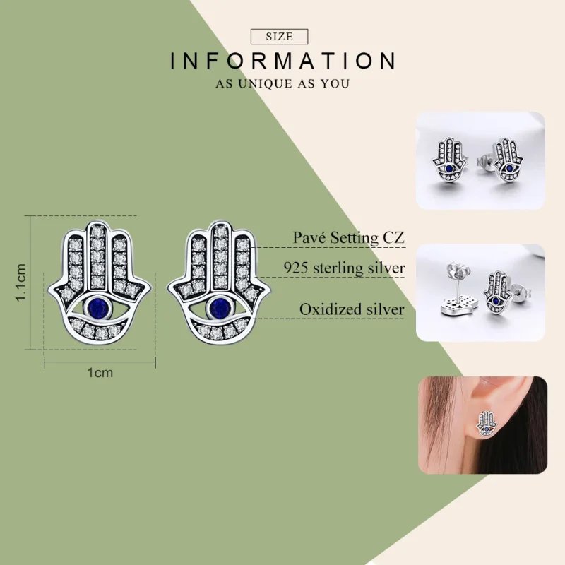 (Bild für) Silberne Hamsa-Hand-Ohrstecker im Pandora-Stil - SCE389 - Ansicht 3