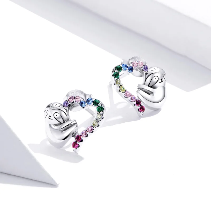 (Bild für) Silberne herzförmige kleine Faultier-Ohrstecker im Pandora-Stil - SCE885 - Ansicht 4