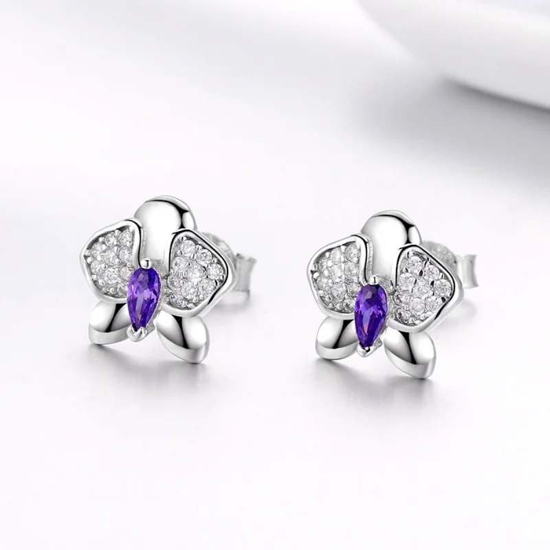 (Bild für) Silberne Schmetterlings-Orchideen-Ohrstecker im Pandora-Stil - BSE036 - Ansicht 2