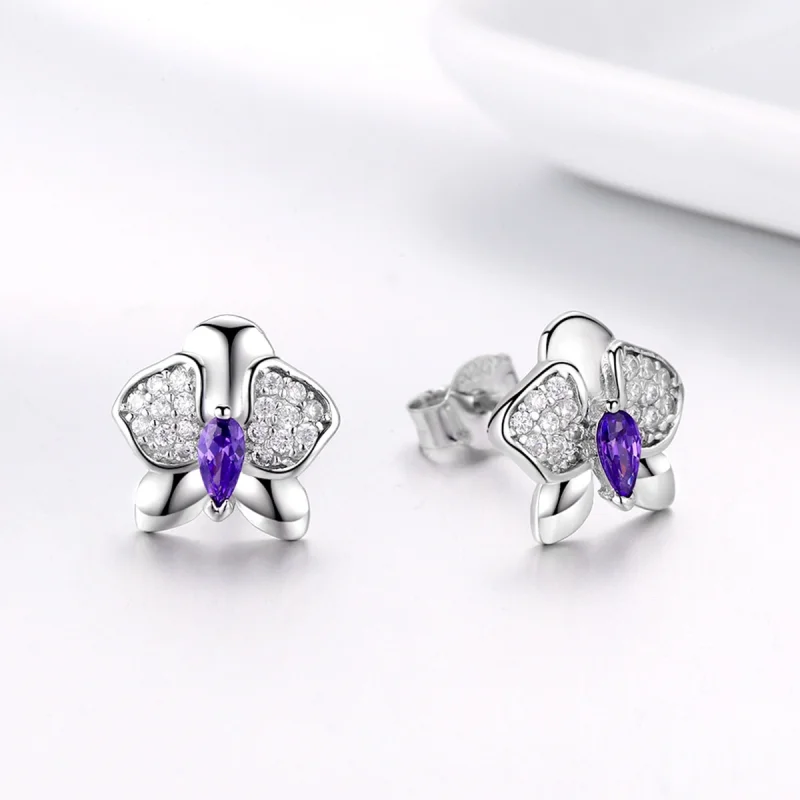 (Bild für) Silberne Schmetterlings-Orchideen-Ohrstecker im Pandora-Stil - BSE036 - Ansicht 3