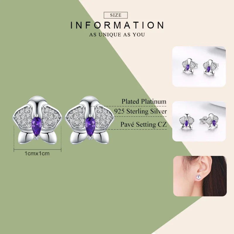(Bild für) Silberne Schmetterlings-Orchideen-Ohrstecker im Pandora-Stil - BSE036 - Ansicht 7
