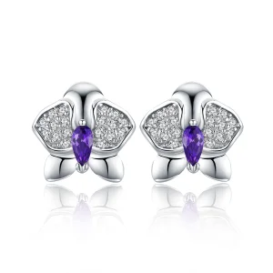 (Bild für) Silberne Schmetterlings-Orchideen-Ohrstecker im Pandora-Stil - BSE036