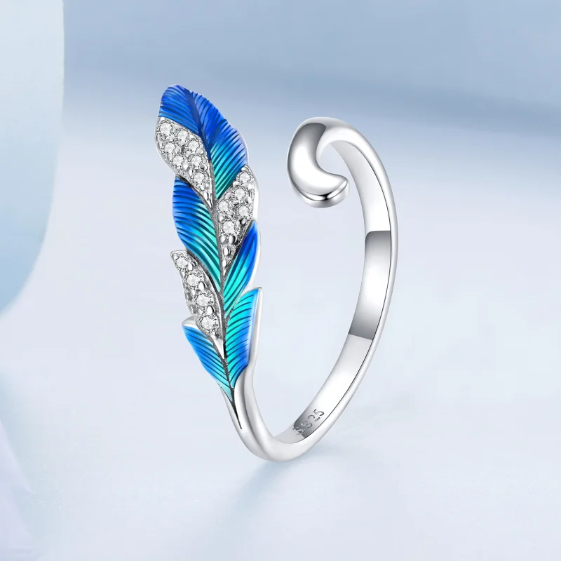 (Bild für) Offener Ring im Pandora-Stil mit schillernder blauer Feder - BSR301 - Ansicht 2