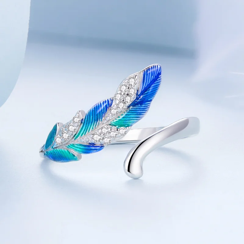 (Bild für) Offener Ring im Pandora-Stil mit schillernder blauer Feder - BSR301 - Ansicht 3