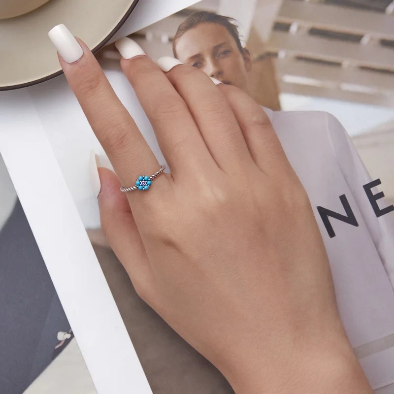 (Bild für) Offener Ring mit türkisfarbenen Blümchen im Pandora-Stil - SCR884 - Ansicht 5