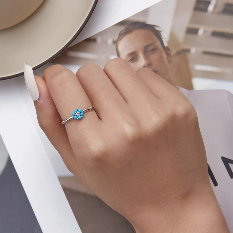 (Bild für) Offener Ring mit türkisfarbenen Blümchen im Pandora-Stil - SCR884 - Ansicht 6