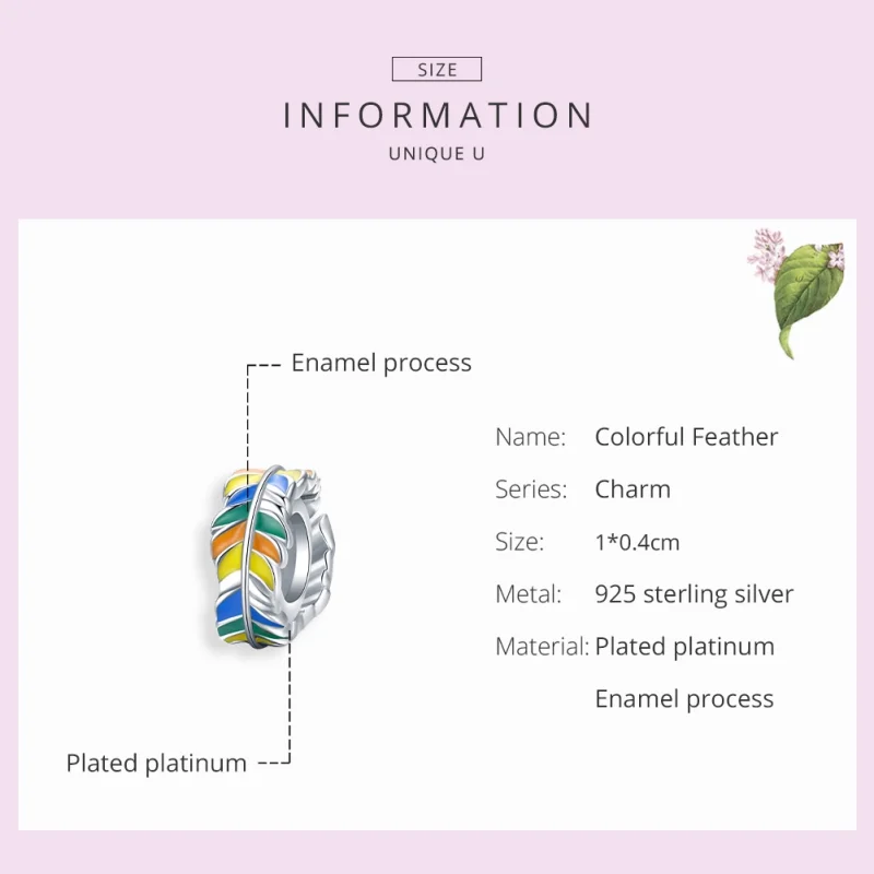 (Bild für) Silberfarbener Spacer-Charm mit bunten Federn im Pandora-Stil - BSC305 - Ansicht 7