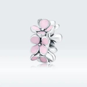 (Bild für) Silberner Spacer-Charm mit rosafarbener Blume im Pandora-Stil - SCC1484
