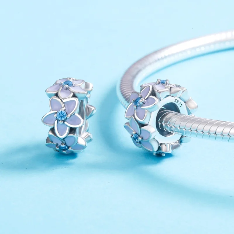 (Bild für) Silberner Spacer-Charm mit violetten Blumen im Pandora-Stil - SCC601 - Ansicht 5