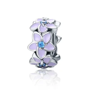 (Bild für) Silberner Spacer-Charm mit violetten Blumen im Pandora-Stil - SCC601