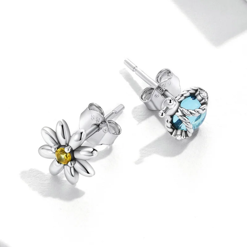(Bild für) Asymmetrische Gänseblümchen-Marienkäfer-Ohrstecker im Pandora-Stil - SCE1364 - Ansicht 3