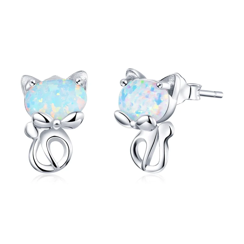 (Bild für) Ohrstecker im Pandora-Stil mit Opal und niedlicher Katze - SCE828