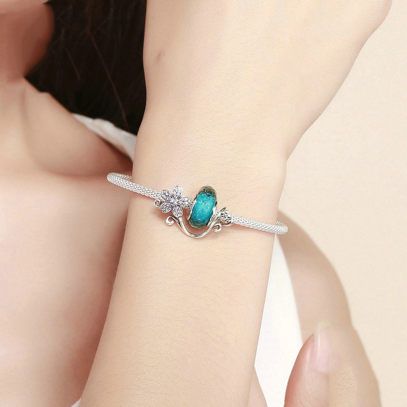 (Bild für) Armband mit silbernen grünen Glasperlen und Sakura-Mesh im Pandora-Stil - SCB822 - Ansicht 2